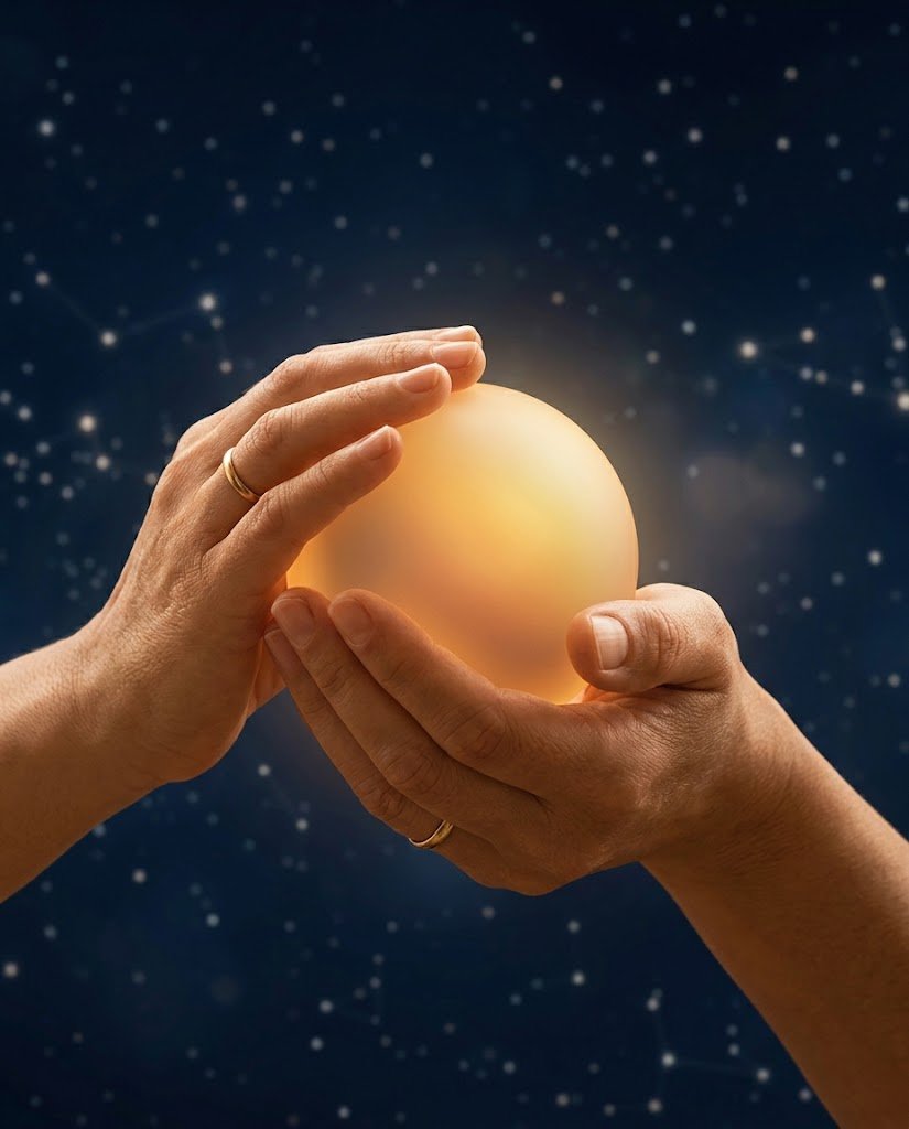 Les mains de Maryse Ghibaudo tenant une sphère de lumière dorée — symbole de l'énergie partagée en consultation